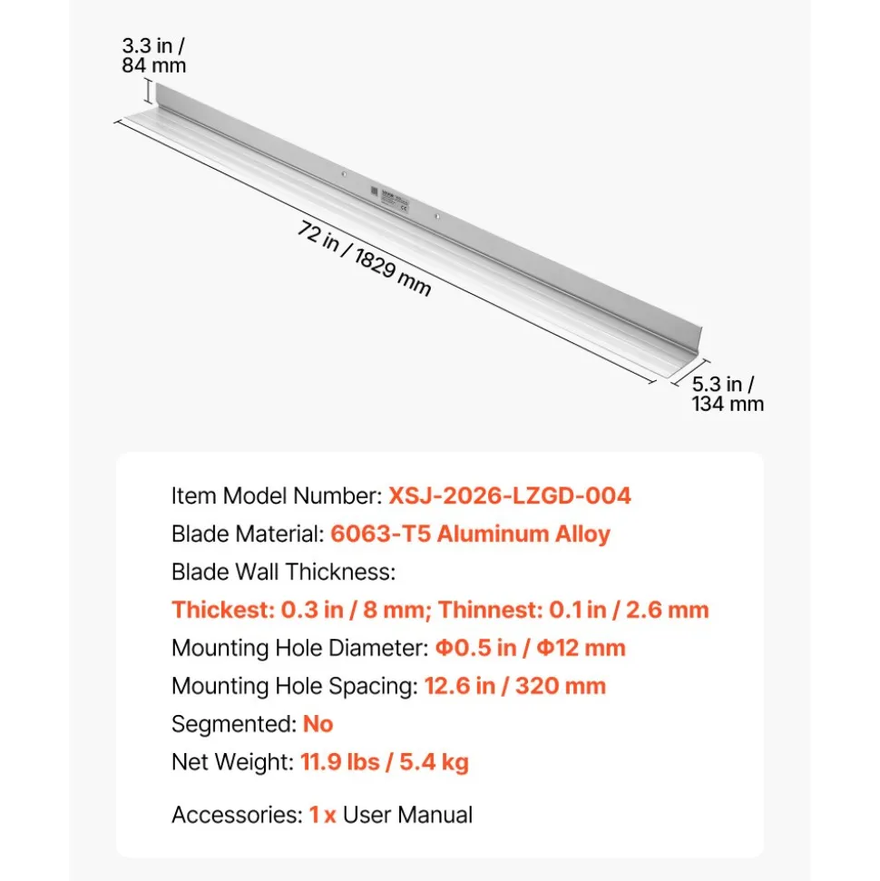 VEVOR Concrete Screed Blade 6 ft Length Aluminum Alloy Board Leveling Tool, 5.3 in Wide Straight Edge, Wide Coverage, Replacement Surface Leveler for Driveway, Patio, Sidewalk, Garage Floor Finishing