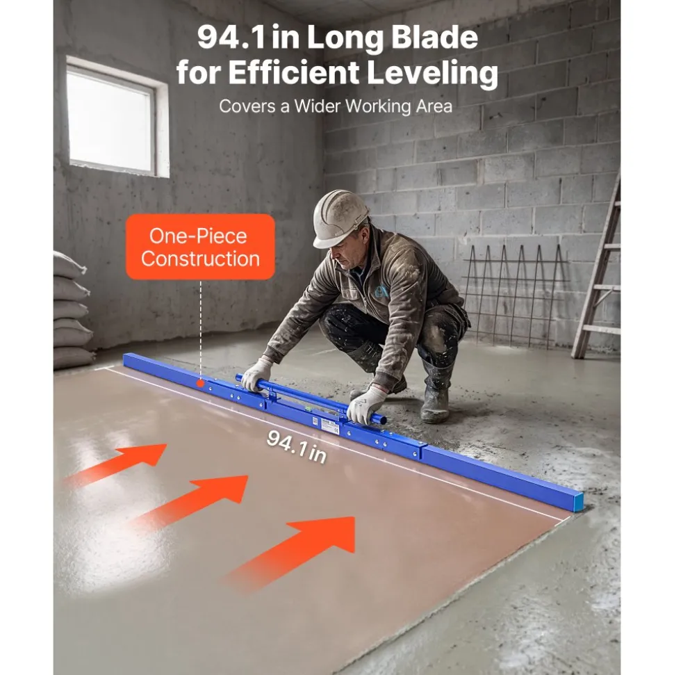 VEVOR Concrete Screed 96 in Length Manual Screed Board Aluminum Alloy Blue, Built-in Bubble Level, Powder-coated Finish, Lightweight Paver Leveling Tool for Patio, Sidewalk, Garage Floor Finishing
