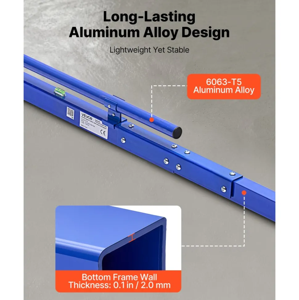 VEVOR Concrete Screed 96 in Length Manual Screed Board Aluminum Alloy Blue, Built-in Bubble Level, Powder-coated Finish, Lightweight Paver Leveling Tool for Patio, Sidewalk, Garage Floor Finishing