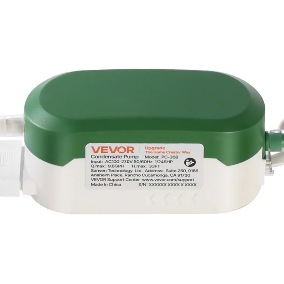 VEVOR Condensate Pump, 1/245 HP, 9.6 GPH, 33 ft Lift, 100-230V Automatic AC Condensation Removal Pump with Safety Switch, Quiet, for Air Conditioner, Dehumidifier, HVAC, Furnace, Ice Maker Water Drain