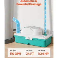 VEVOR Condensate Pump, 1/24 HP, 110 GPH, 24 ft Lift, 100-240V Automatic AC Condensation Removal Pump with Safety Switch & 20 ft Tubing, for Air Conditioner, Dehumidifier, HVAC, Furnace, Ice Maker