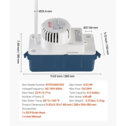 VEVOR Condensate Pump, 1/33 HP, 100 GPH, 22 ft Lift, 115V Automatic Condensation Removal Pump with Safety Switch & 20 ft Tubing, for Air Conditioner, Dehumidifier, HVAC, Furnace, Ice Maker Water Drain