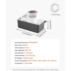 VEVOR Condensate Removal Pump, 1/50 HP, 65 GPH, 15 ft Lift, 1/2 Gal Tank Automatic AC Condensation Pump with Float Switch & 20 ft Hose for Air Conditioner, Dehumidifier, Furnace, Ice Maker Water Drain