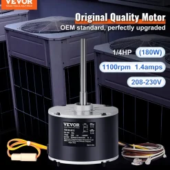 VEVOR Condenser Fan Motor 5KCP39EGS070S, 5KCP39EGY823S, 1/4 HP 208-230V, 1100RPM, OEM Standard Upgraded Replacement Condenser Motor Reversible Rotating, Explosion-proof CBB65 5μF/370V Capacitor