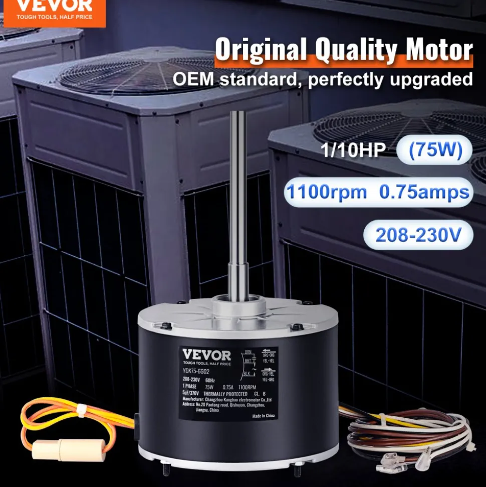 VEVOR Condenser Fan Motor 5KCP39BGS069S, 5KCP39BGY915S, 1/10 HP 208-230V, 1100RPM, OEM Standard Upgraded Replacement Condenser Motor Reversible Rotating, Explosion-proof CBB65 5μF/370V Capacitor