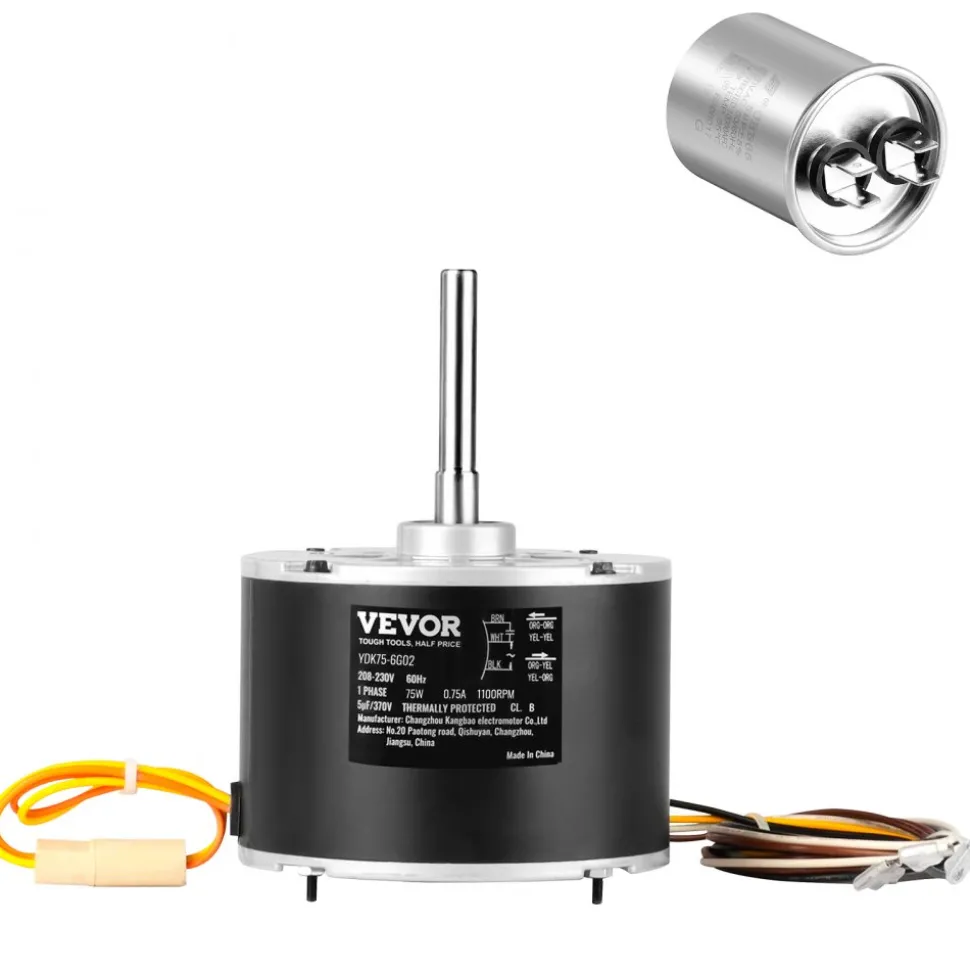 VEVOR Condenser Fan Motor 5KCP39BGS069S, 5KCP39BGY915S, 1/10 HP 208-230V, 1100RPM, OEM Standard Upgraded Replacement Condenser Motor Reversible Rotating, Explosion-proof CBB65 5μF/370V Capacitor