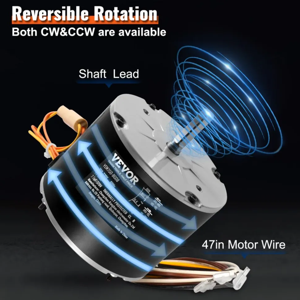 VEVOR Condenser Fan Motor 5KCP39GFS166S, 3S003, 1/5 HP 208-230V, 825RPM, OEM Standard Upgraded Replacement Condenser Motor Reversible Rotating, Explosion-proof CBB65 7.5μF/370V Capacitor