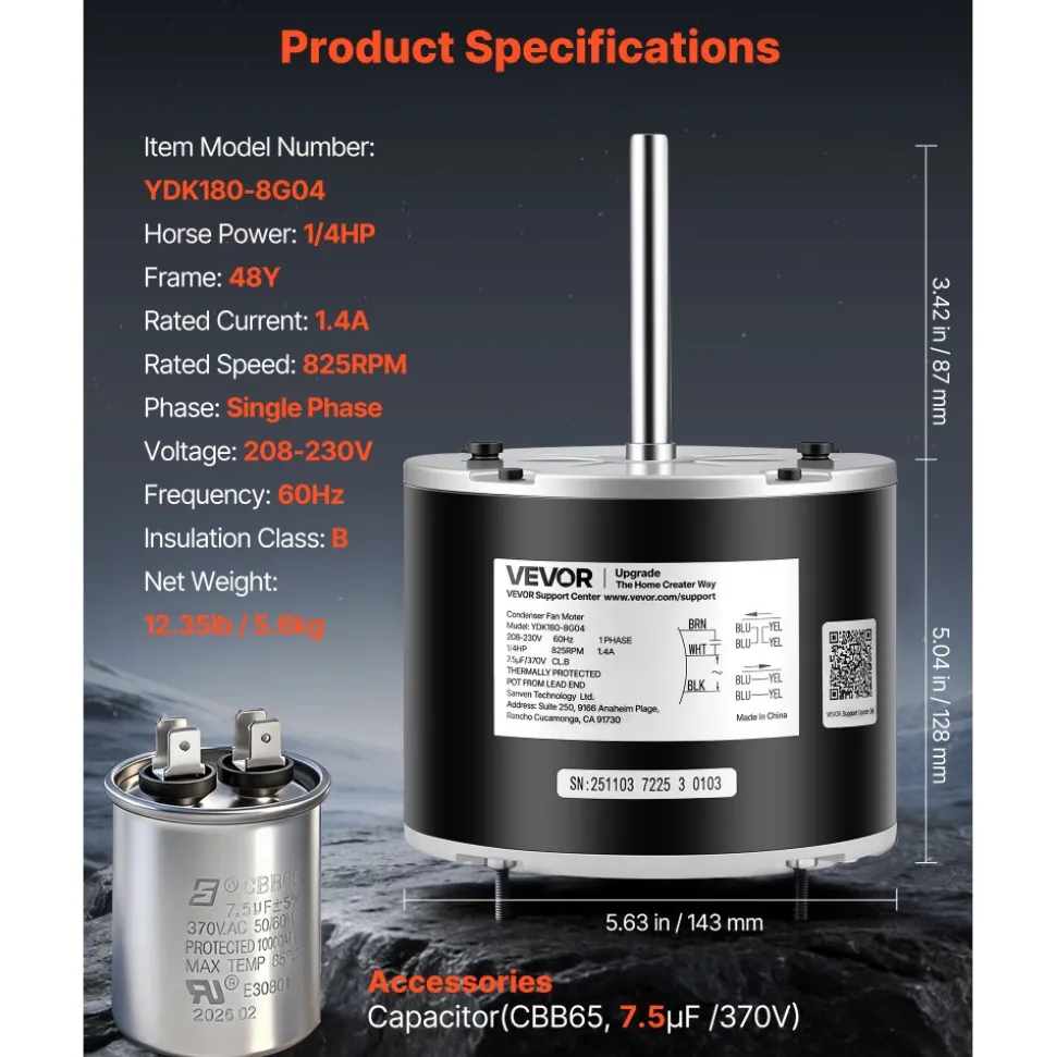 VEVOR Condenser Fan Motor with Capacitor, 1/4HP 825RPM 208-230V, Compatible with GE Genteq 5KCP39LFBE31S 5KCP39LFY534AS, Lennox 12Y65 (92W75), Carrier HC39GE242 HB39GQ232, Amana Janitrol 0131M00014PS