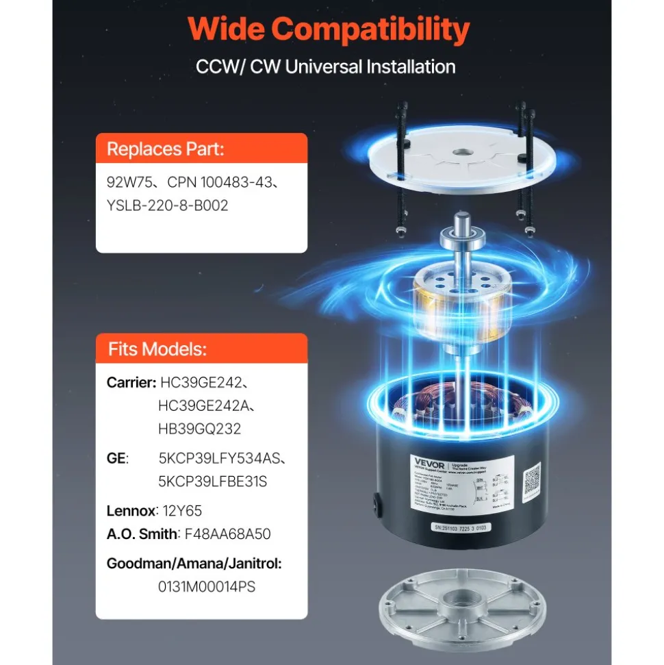 VEVOR Condenser Fan Motor with Capacitor, 1/4HP 825RPM 208-230V, Compatible with GE Genteq 5KCP39LFBE31S 5KCP39LFY534AS, Lennox 12Y65 (92W75), Carrier HC39GE242 HB39GQ232, Amana Janitrol 0131M00014PS