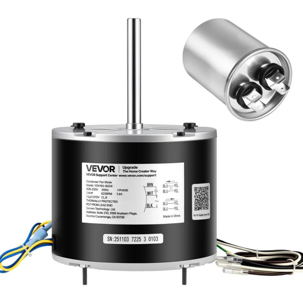VEVOR Condenser Fan Motor with Capacitor, 1/4HP 825RPM 208-230V, Compatible with GE Genteq 5KCP39LFBE31S 5KCP39LFY534AS, Lennox 12Y65 (92W75), Carrier HC39GE242 HB39GQ232, Amana Janitrol 0131M00014PS
