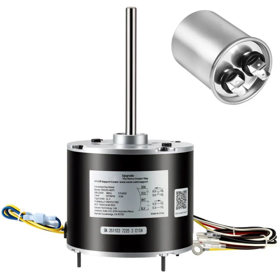 VEVOR Condenser Fan Motor with Capacitor, 1/5HP 1075/900RPM 208-230V, Replaces 12Y75, 97M49, 100483-02, 43W49, Compatible with Lennox Interlink Emerson K48HXGCK-4210 K48HXGFG-4294 YFK-150-6