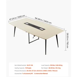VEVOR Conference Table, 8 ft Boat Shaped Office Meeting Table with Charge Station for 10 Person, Modern Boat Seminar Meeting Desk with Metal Legs for Office, Boardroom, Conference Room, Easy Assembly