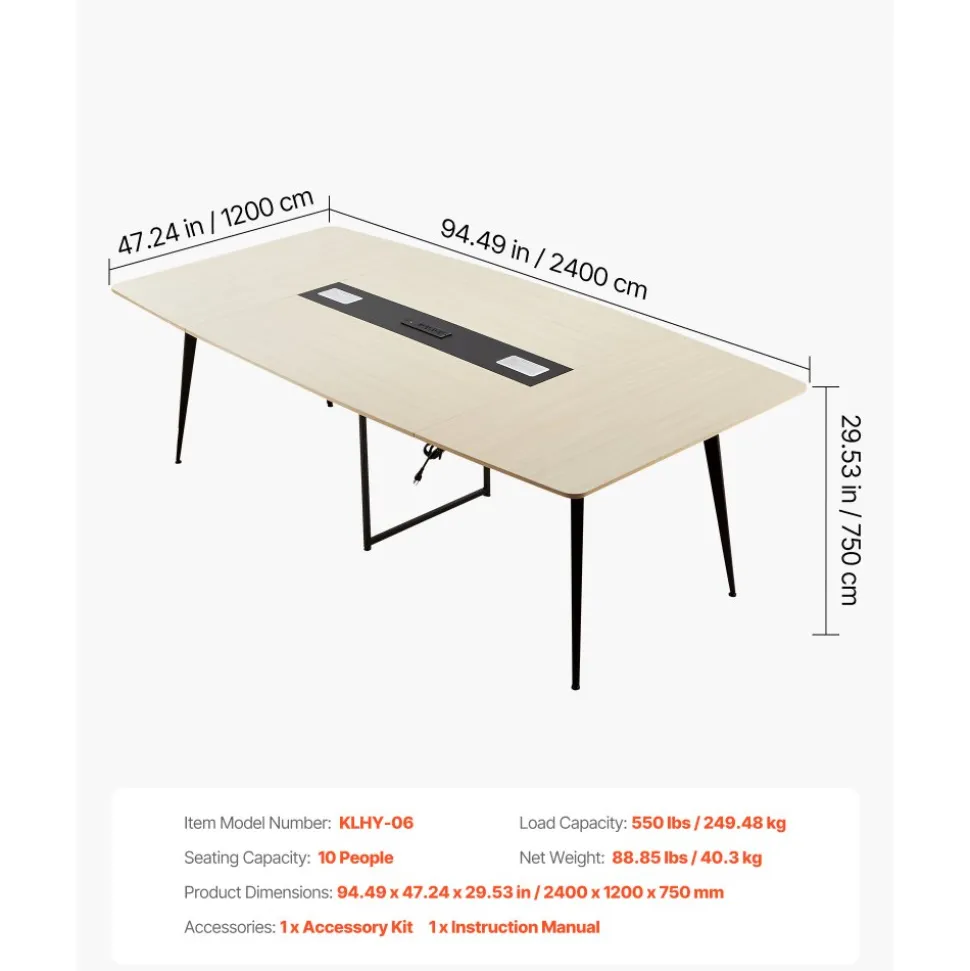 VEVOR Conference Table, 8 ft Boat Shaped Office Meeting Table with Charge Station for 10 Person, Modern Boat Seminar Meeting Desk with Metal Legs for Office, Boardroom, Conference Room, Easy Assembly