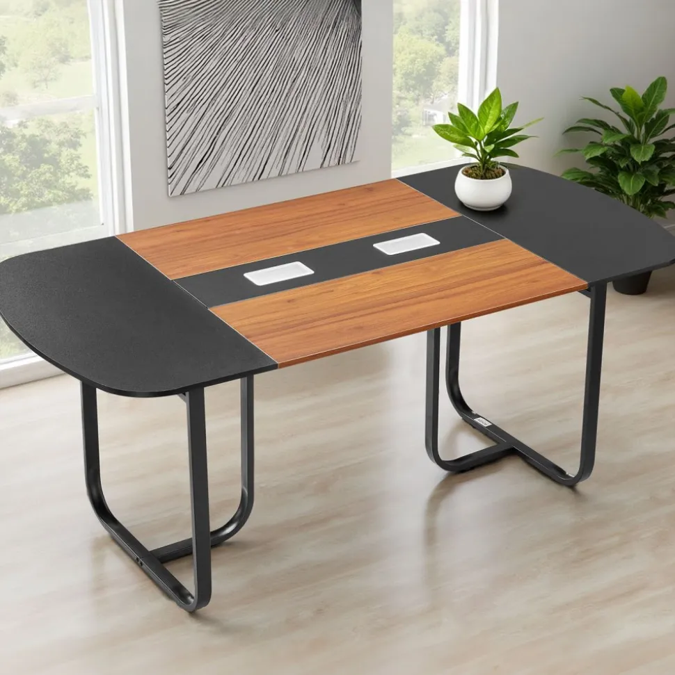 VEVOR Conference Table, 6 ft Oval Office Meeting Table for 6-8 Person, Modern Seminar Desk with Metal Legs, Large Meeting Desk for Office, Boardroom, Conference Room, Easy Assembly, Black & Brown