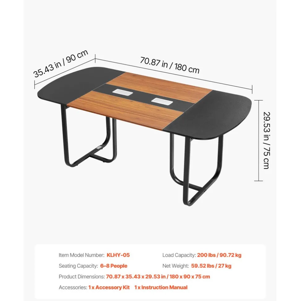 VEVOR Conference Table, 6 ft Oval Office Meeting Table for 6-8 Person, Modern Seminar Desk with Metal Legs, Large Meeting Desk for Office, Boardroom, Conference Room, Easy Assembly, Black & Brown