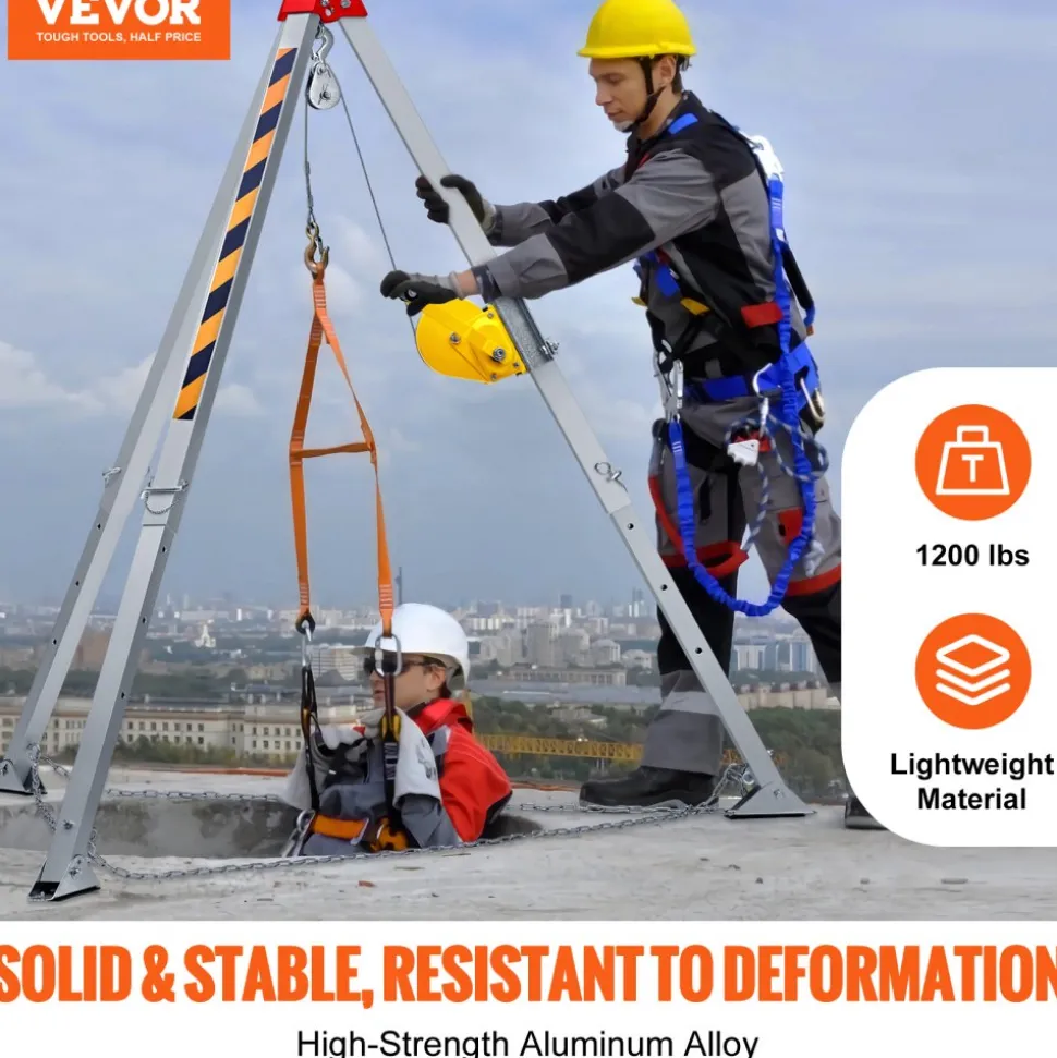 VEVOR Confined Space Tripod Kit, Heavy Duty Rescue Tripod Lifting Hoist 1800 lbs Winch, 4.1 ft Adjustable Legs, 65 ft Cable Portable Kit, 32.8 ft Fall Protection, 4.40-7.05 ft Working Height