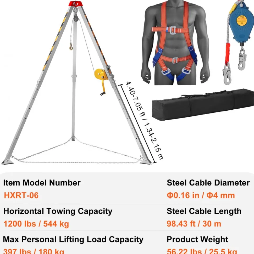 VEVOR Confined Space Tripod Kit, Heavy Duty Rescue Tripod Lifting Hoist 1800 lbs Winch, 4.1 ft Adjustable Legs, 65 ft Cable Portable Kit, 32.8 ft Fall Protection, 4.40-7.05 ft Working Height