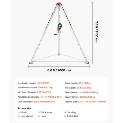 VEVOR Confined Space Tripod Kit 1200LBS Winch, Confined Space Tripod 7' Leg Bracket and 98' Cable, Confined Space Rescue Tripod 32.8' Fall Protection for Traditional Confined Spaces