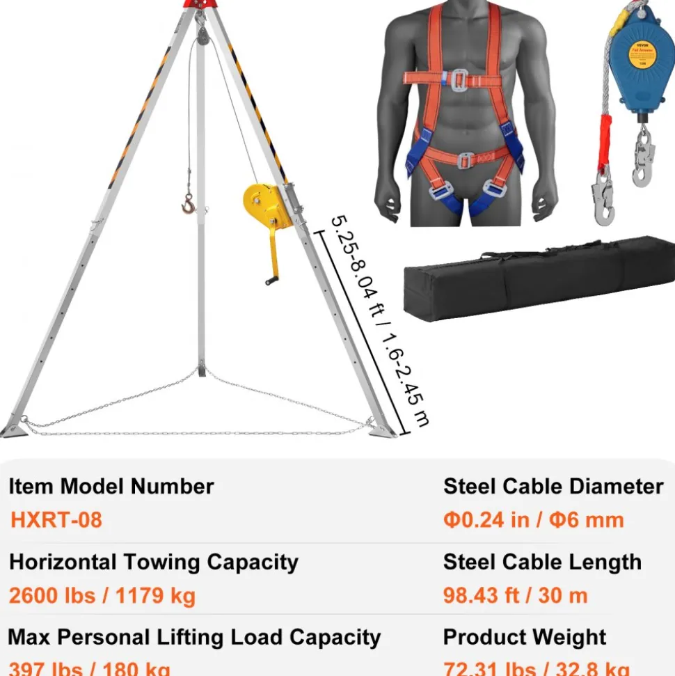 VEVOR Confined Space Tripod Kit, Confined Space Tripod 8' Legs and 98' Cable, Confined Space Rescue Tripod 32.8' Fall Protection, 2600 lbs Winch, Harness, Storage Bag