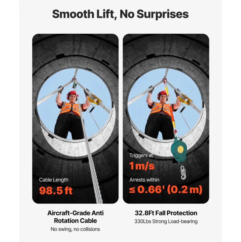 VEVOR Confined Space Tripod Kit, Confined Space Tripod 7' Legs and 98' Cable, Confined Space Rescue Tripod 32.8' Fall Protection, 1800 lbs Winch, Harness, Storage Bag