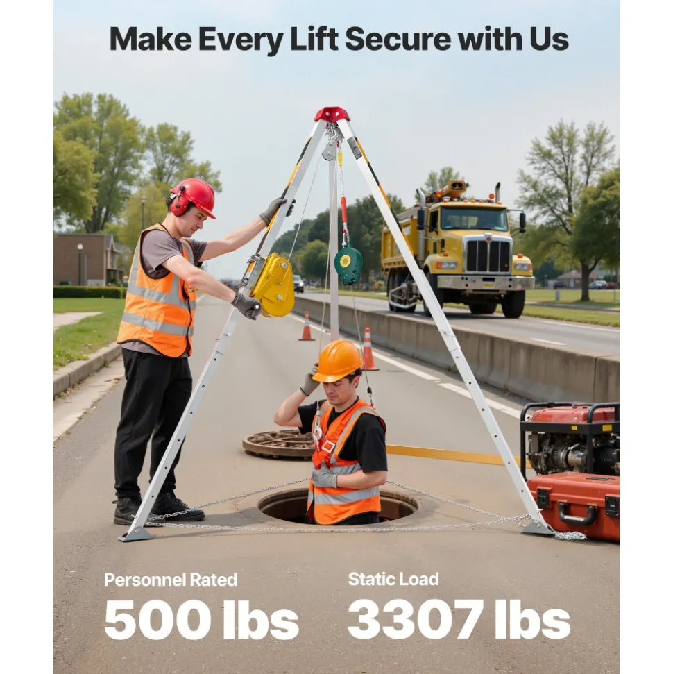 VEVOR Confined Space Tripod Kit, Confined Space Tripod 7' Legs and 98' Cable, Confined Space Rescue Tripod 32.8' Fall Protection, 1800 lbs Winch, Harness, Storage Bag