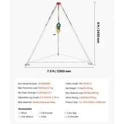 VEVOR Confined Space Tripod Kit, Confined Space Tripod 7' Legs and 98' Cable, Confined Space Rescue Tripod 32.8' Fall Protection, 1800 lbs Winch, Harness, Storage Bag