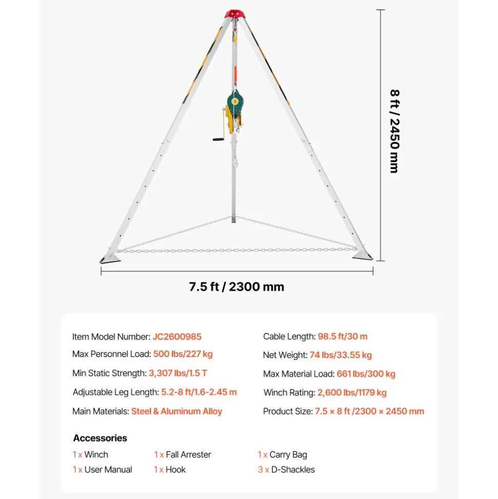 VEVOR Confined Space Tripod Kit, Confined Space Tripod 7' Legs and 98' Cable, Confined Space Rescue Tripod 32.8' Fall Protection, 1800 lbs Winch, Harness, Storage Bag
