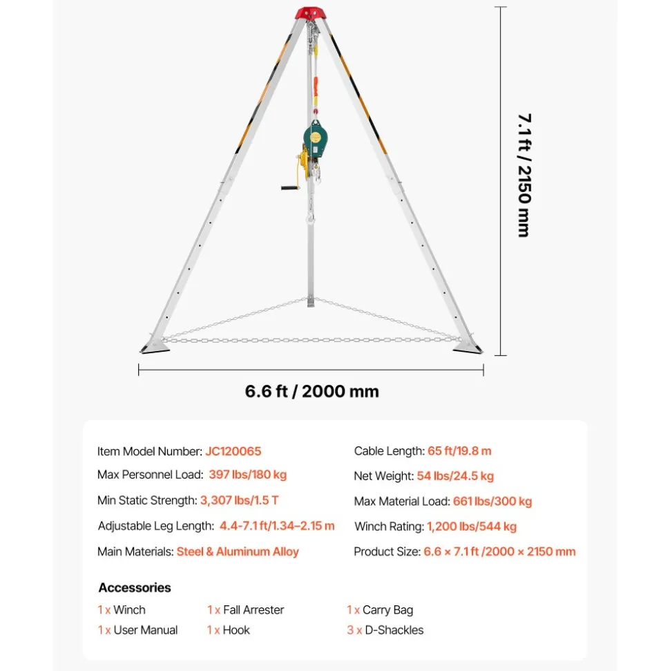 VEVOR Confined Space Tripod Kit, Heavy Duty Rescue Tripod Lifting Hoist 1200 lbs Winch, 4.1 ft Adjustable Legs, 65 ft Cable Portable Kit, 32.8 ft Fall Protection, 4.40-7.05 ft Working Height