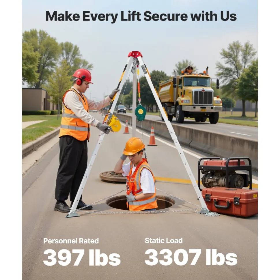 VEVOR Confined Space Tripod Kit, Heavy Duty Rescue Tripod Lifting Hoist 1200 lbs Winch, 4.1 ft Adjustable Legs, 65 ft Cable Portable Kit, 32.8 ft Fall Protection, 4.40-7.05 ft Working Height