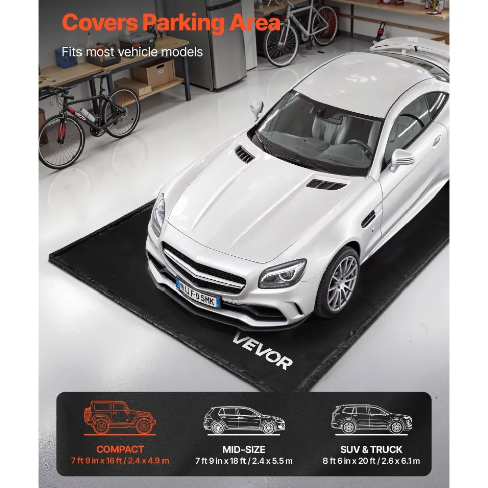 VEVOR Containment Mat, 7 ft 9 in x 16 ft, Non-Slip PVC Garage Floor Mat with a Cleaning Squeegee, Heavy Duty Durable Waterproof Containment Protection from Snow, Rain and Mud for Cars Parking, Black