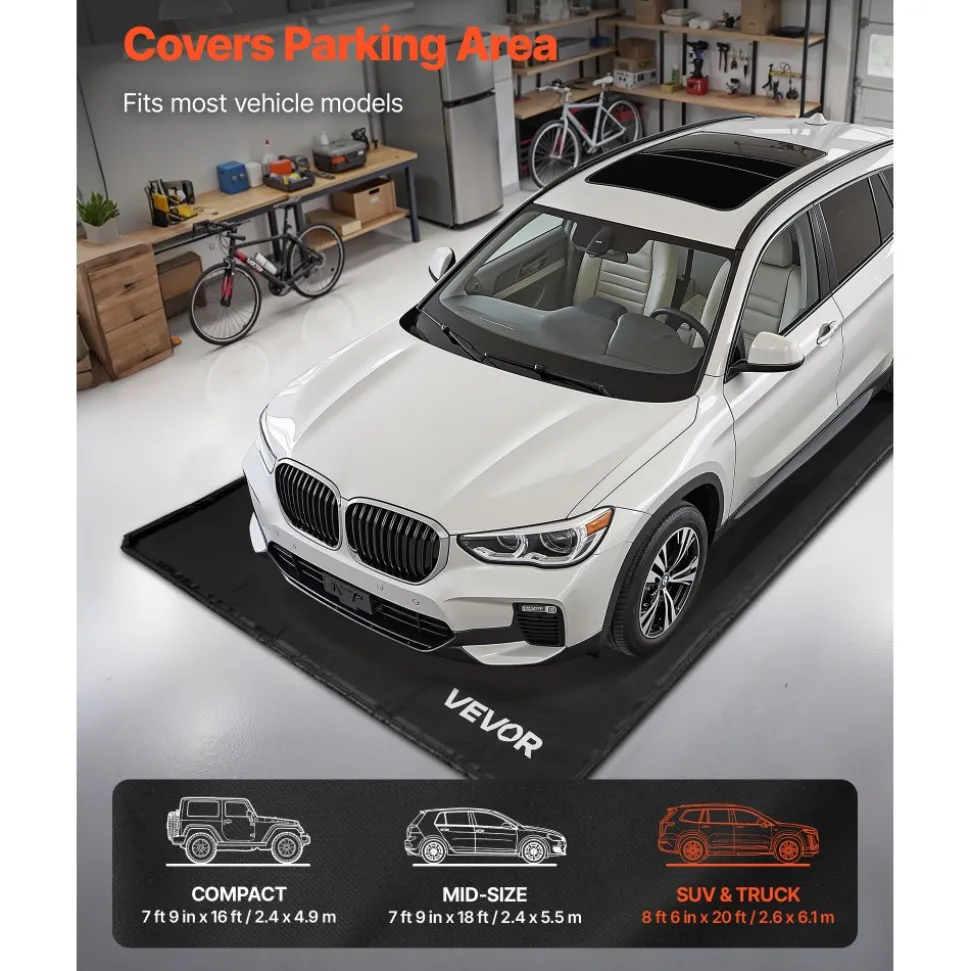 VEVOR Containment Mat, 8 ft 6 in x 20 ft, Non-Slip PVC Garage Floor Mat with a Cleaning Squeegee, Heavy Duty Durable Waterproof Protection from Snow, Rain and Mud for Cars SUVs Trucks Parking, Black