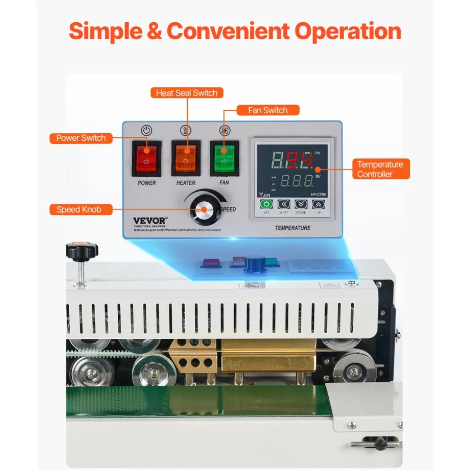 VEVOR Continuous Bag Band Sealing Machine, 0.24-0.47 in Seal Width, Horizontal Band Sealer Machine with Ink Printing, Temp & Speed Adjustable, Heat Sealing Machine for 0.001-0.03 in Plastic Bags