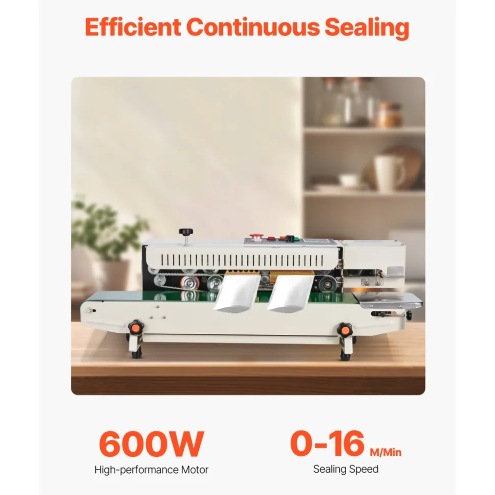 VEVOR Continuous Bag Band Sealing Machine, 0.24-0.47 in Seal Width, Horizontal Band Sealer Machine with Ink Printing, Temp & Speed Adjustable, Heat Sealing Machine for 0.001-0.03 in Plastic Bags
