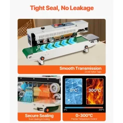 VEVOR Continuous Bag Band Sealing Machine, 0.24-0.47 in Seal Width, Horizontal Band Sealer Machine with Ink Printing, Temp & Speed Adjustable, Heat Sealing Machine for 0.001-0.03 in Plastic Bags