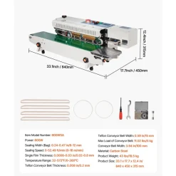 VEVOR Continuous Bag Band Sealing Machine, 0.24-0.47 in Seal Width, Horizontal Band Sealer Machine with Ink Printing, Temp & Speed Adjustable, Heat Sealing Machine for 0.001-0.03 in Plastic Bags