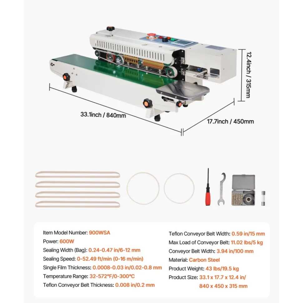 VEVOR Continuous Bag Band Sealing Machine, 0.24-0.47 in Seal Width, Horizontal Band Sealer Machine with Ink Printing, Temp & Speed Adjustable, Heat Sealing Machine for 0.001-0.03 in Plastic Bags