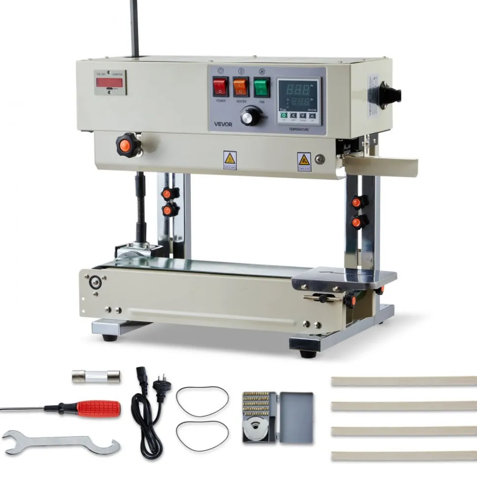 VEVOR Continuous Bag Band Sealing Machine, 0.24-0.47 in Seal Width, Vertical Band Sealer Machine with Roller Printing , Temp & Speed Adjustable, Heat Sealing Machine for 0.001-0.03 in Plastic Bags