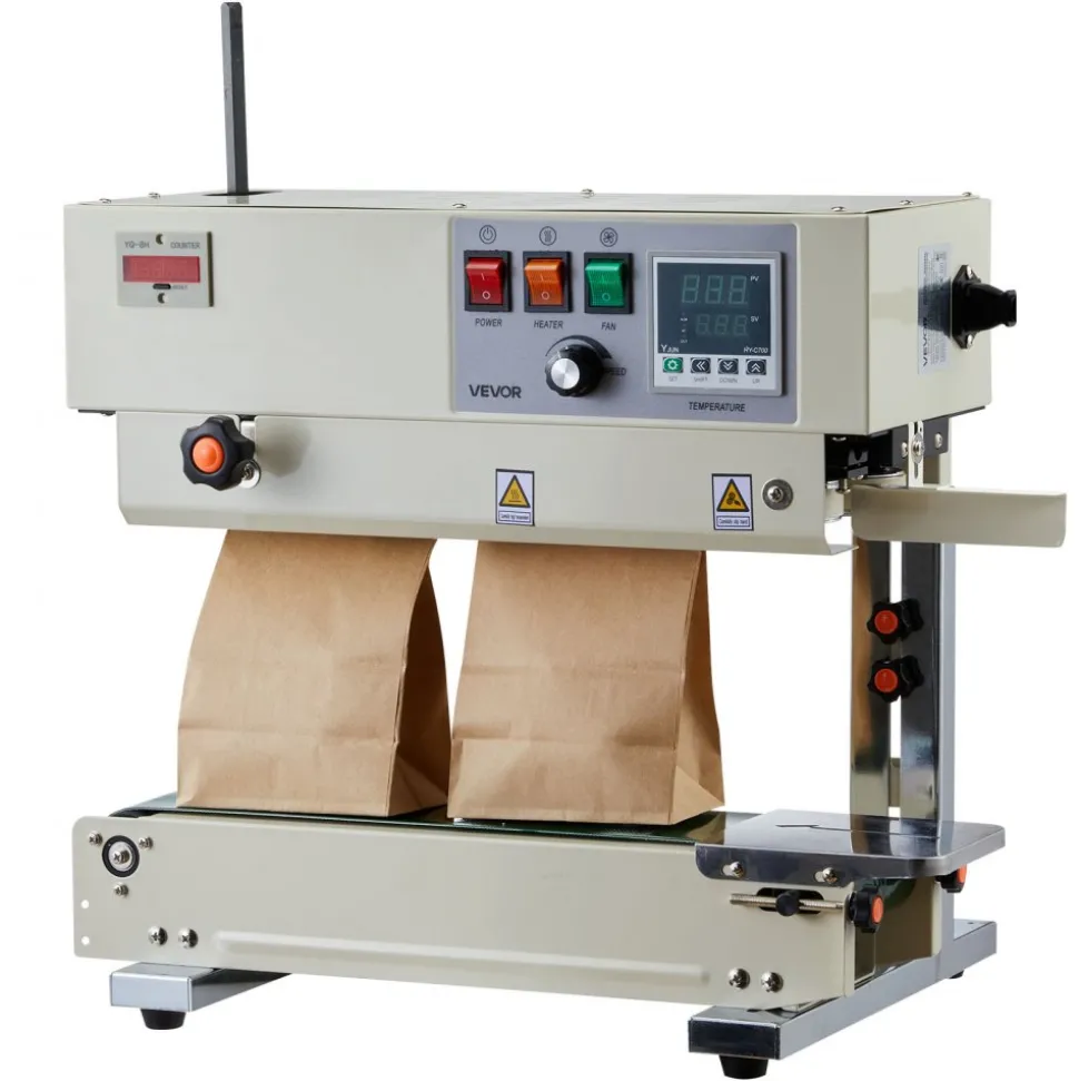 VEVOR Continuous Bag Band Sealing Machine, 0.24-0.47 in Seal Width, Vertical Band Sealer Machine with Roller Printing , Temp & Speed Adjustable, Heat Sealing Machine for 0.001-0.03 in Plastic Bags