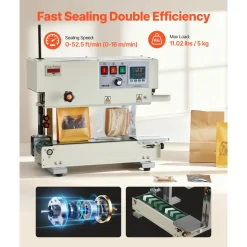 VEVOR Continuous Bag Band Sealing Machine, 0.24-0.47 in Seal Width, Vertical Band Sealer Machine with Roller Printing , Temp & Speed Adjustable, Heat Sealing Machine for 0.001-0.03 in Plastic Bags