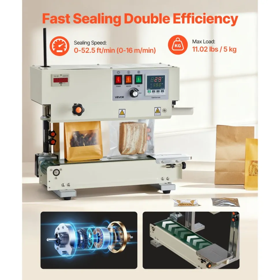 VEVOR Continuous Bag Band Sealing Machine, 0.24-0.47 in Seal Width, Vertical Band Sealer Machine with Roller Printing , Temp & Speed Adjustable, Heat Sealing Machine for 0.001-0.03 in Plastic Bags