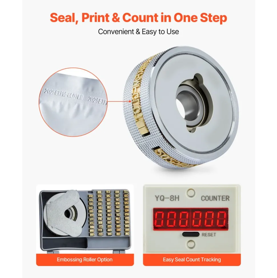 VEVOR Continuous Bag Band Sealing Machine, 0.24-0.47 in Seal Width, Vertical Band Sealer Machine with Roller Printing , Temp & Speed Adjustable, Heat Sealing Machine for 0.001-0.03 in Plastic Bags