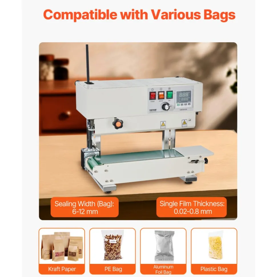 VEVOR Continuous Bag Band Sealing Machine, 0.24-0.47 in/6-12 mm Seal Width, Vertical Band Sealer Machine with Digital Temperature Control, Carbon Steel Bag Sealer for 0.02-0.8 mm Plastic Bags Films