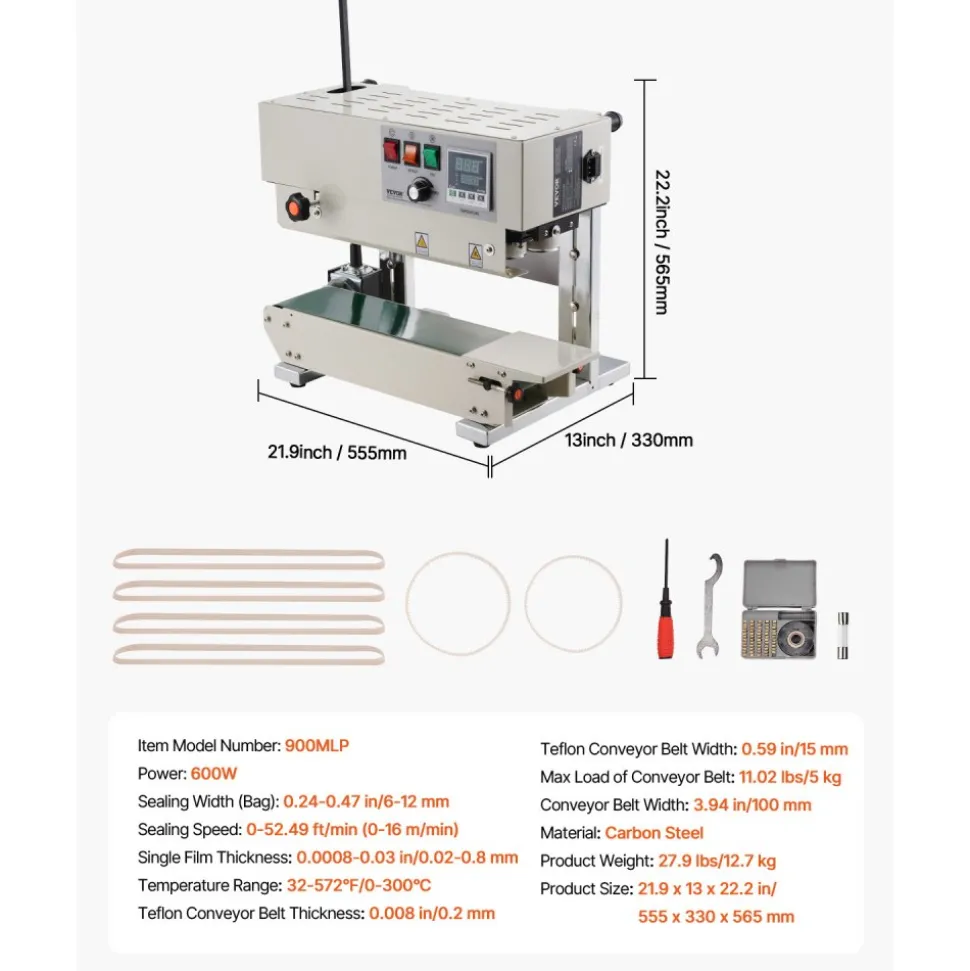 VEVOR Continuous Bag Band Sealing Machine, 0.24-0.47 in/6-12 mm Seal Width, Vertical Band Sealer Machine with Digital Temperature Control, Carbon Steel Bag Sealer for 0.02-0.8 mm Plastic Bags Films