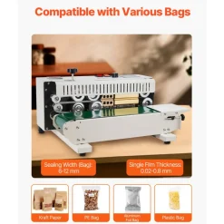 VEVOR Continuous Bag Band Sealing Machine, 0.24-0.47 in/6-12 mm Seal Width, Horizontal Band Sealer Machine with Digital Temperature Control, Bag Sealer for 0.02-0.8 mm Plastic Bags with Count Function