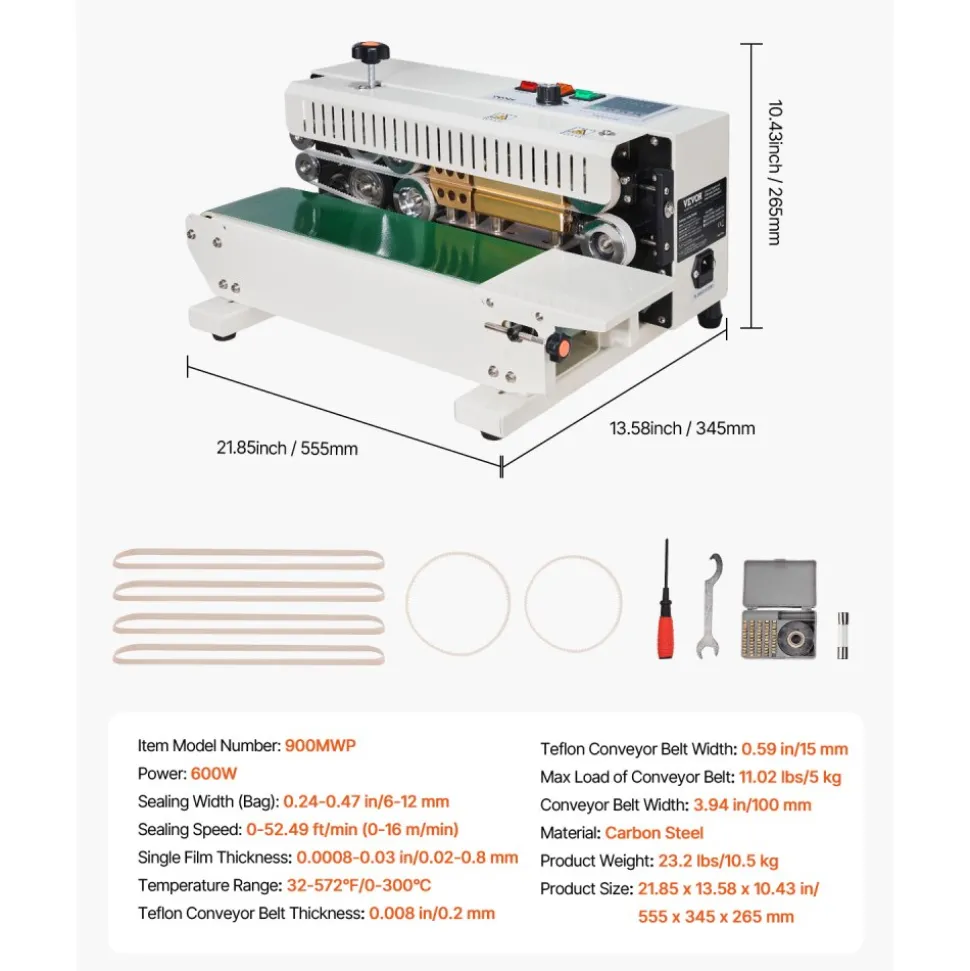 VEVOR Continuous Bag Band Sealing Machine, 0.24-0.47 in/6-12 mm Seal Width, Horizontal Band Sealer Machine with Digital Temperature Control, Carbon Steel Bag Sealer for 0.02-0.8 mm Plastic Bags Films