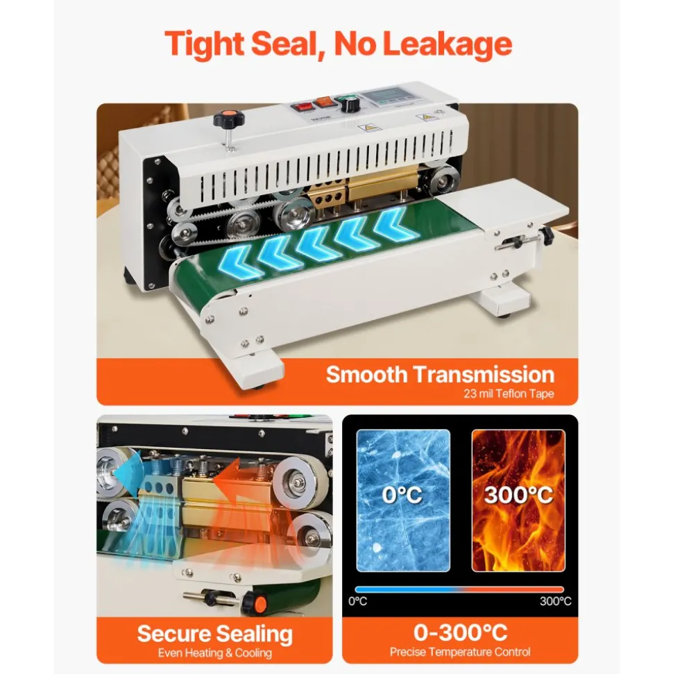 VEVOR Continuous Bag Band Sealing Machine, 0.24-0.47 in/6-12 mm Seal Width, Horizontal Band Sealer Machine with Digital Temperature Control, Carbon Steel Bag Sealer for 0.02-0.8 mm Plastic Bags Films