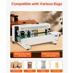 VEVOR Continuous Bag Band Sealing Machine, 0.24-0.47 in/6-12 mm Seal Width, Horizontal Band Sealer Machine with Digital Temperature Control, Carbon Steel Bag Sealer for 0.02-0.8 mm Plastic Bags Films