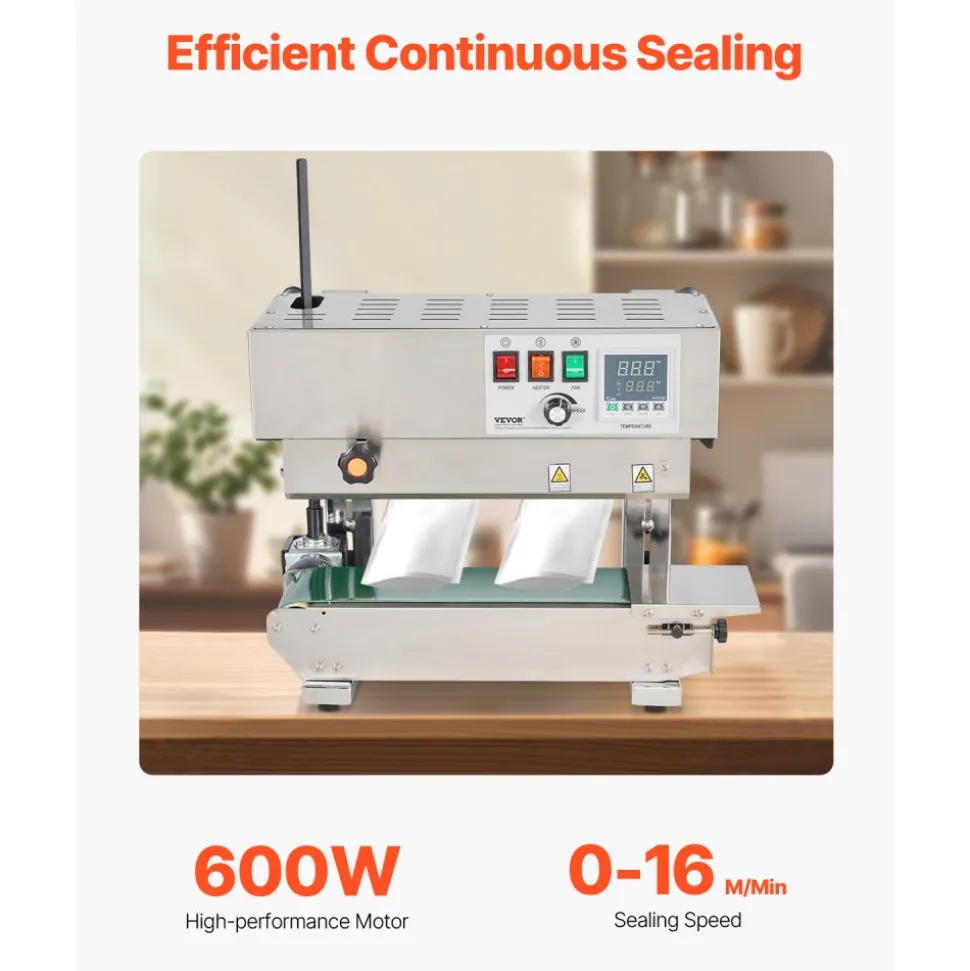VEVOR Continuous Bag Band Sealing Machine, 0.24-0.47 in/6-12 mm Seal Width, Vertical Band Sealer Machine with Digital Temperature Control, Stainless Steel Bag Sealer for 0.02-0.8 mm Plastic Bags Films