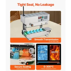 VEVOR Continuous Bag Band Sealing Machine, 0.24-0.47 in/6-12 mm Seal Width, Vertical Band Sealer Machine with Digital Temperature Control, Stainless Steel Bag Sealer for 0.02-0.8 mm Plastic Bags Films
