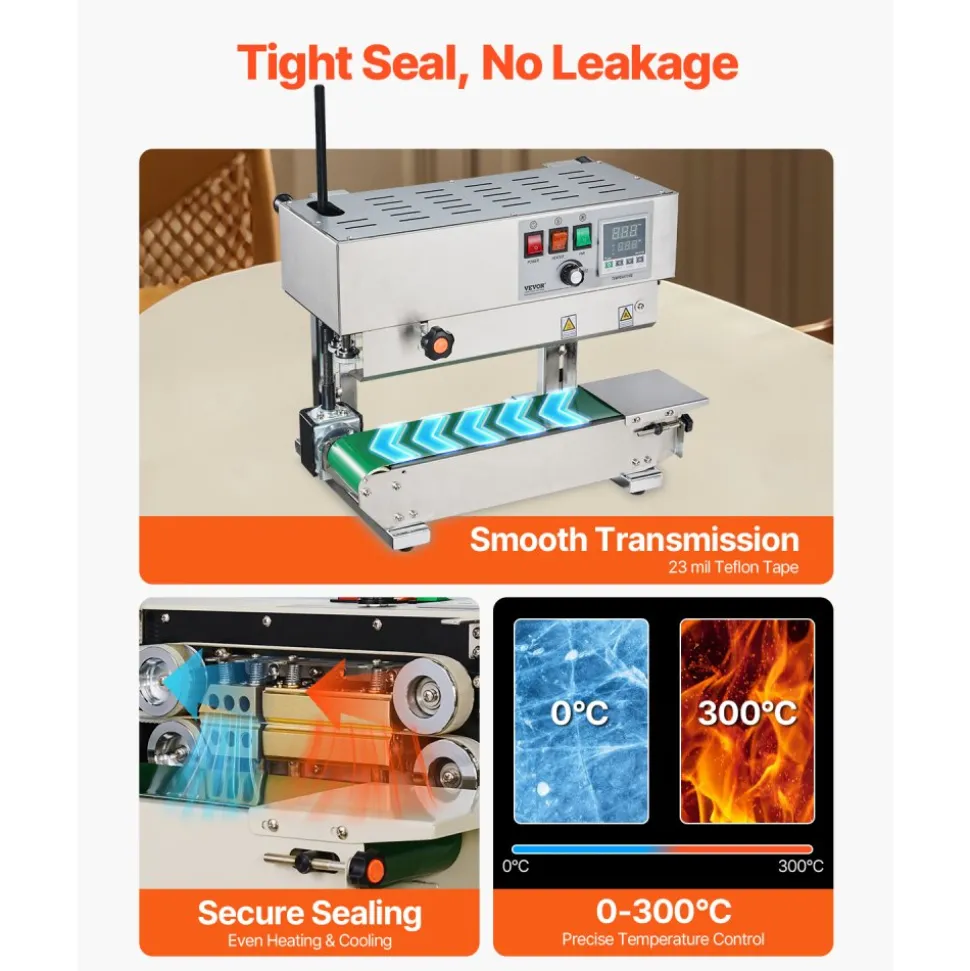 VEVOR Continuous Bag Band Sealing Machine, 0.24-0.47 in/6-12 mm Seal Width, Vertical Band Sealer Machine with Digital Temperature Control, Stainless Steel Bag Sealer for 0.02-0.8 mm Plastic Bags Films